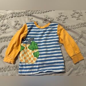 Striped Blue and Orange Boys Shirt with Pumpkin Design